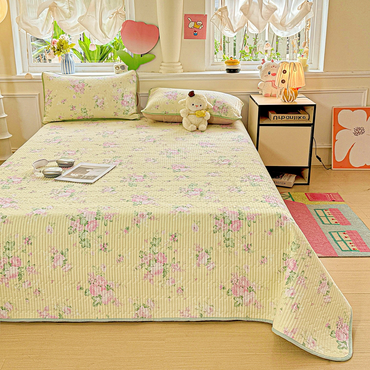 91家纺网 家纺一手货源 找家纺 恒尚居 2025新款双层纱床盖床盖单品单床盖云感夹棉床单床垫软床垫-四季款【系列二】 【花仙子】双层纱