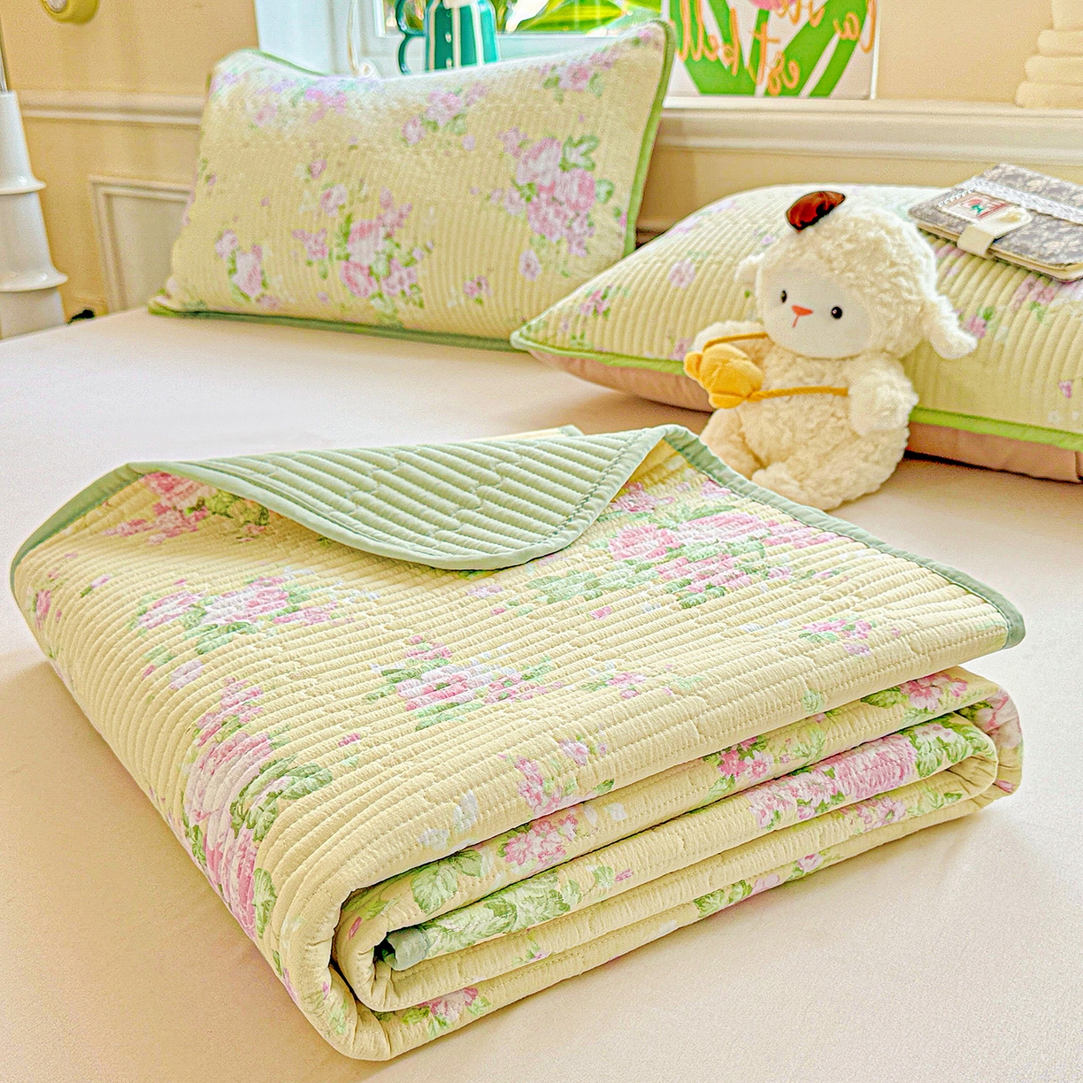 91家纺网 家纺一手货源 找家纺 恒尚居 2025新款双层纱床盖床盖单品单床盖云感夹棉床单床垫软床垫-四季款【系列二】 【花仙子】双层纱