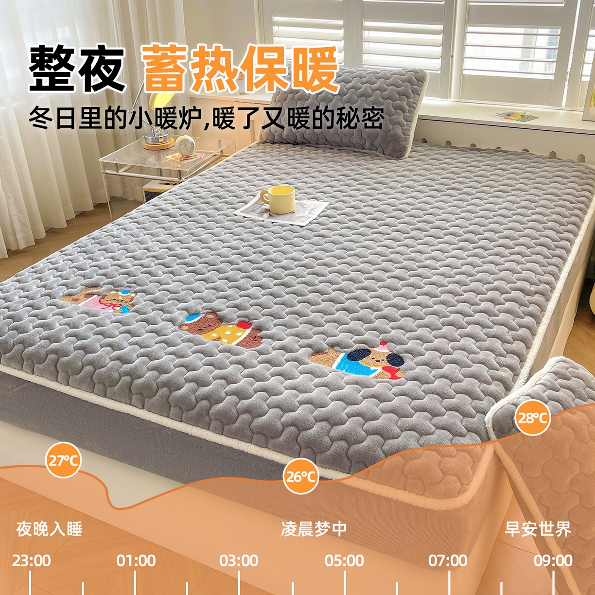 91家纺网 家纺一手货源 找家纺 雯豆家纺 2025新款刺绣牛奶绒夹棉床笠绣花款卡通床笠三件套 萌宠-深空灰