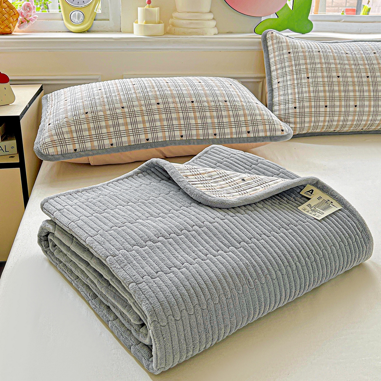 91家纺网 家纺一手货源 找家纺 恒尚居 2025新款学生床盖纯棉牛奶绒正反两用夹棉床单床垫-秋冬款-四季通用【系列一】 简格调【A纯棉-B宝宝绒】