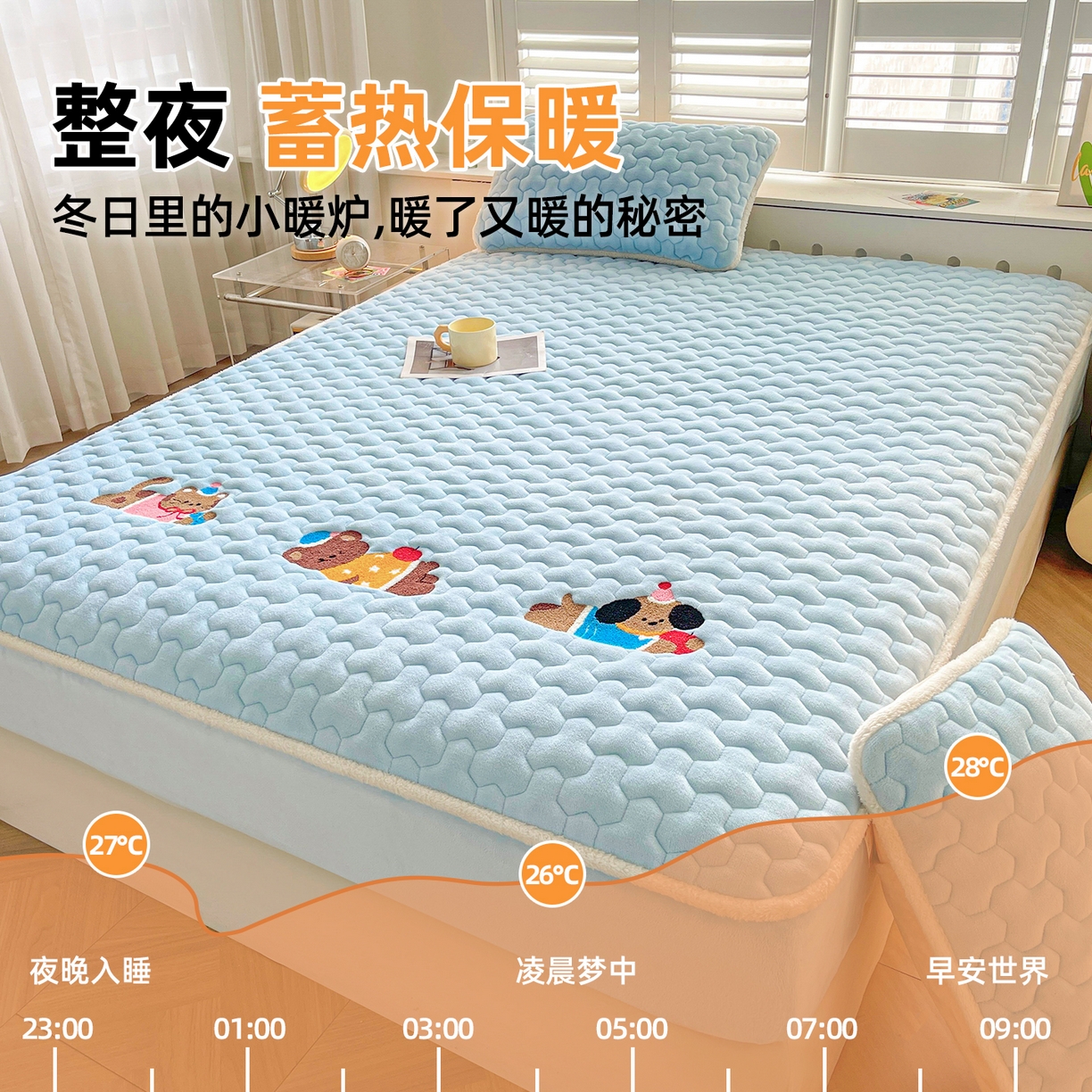 91家纺网 家纺一手货源 找家纺 雯豆家纺 2025新款刺绣牛奶绒夹棉床笠绣花款卡通床笠三件套 萌宠-天蓝