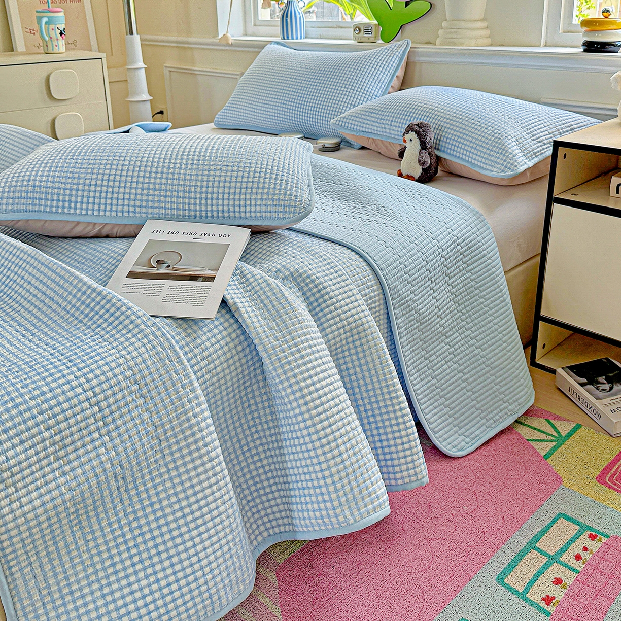 恒尚居 2025新款双层纱床盖床盖单品单床盖云感夹棉床单床垫软床垫-四季款【系列二】 【天蓝格】双层纱