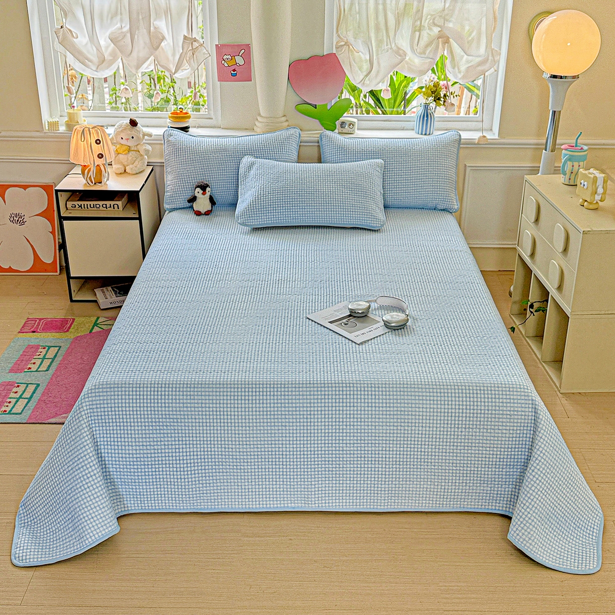 91家纺网 家纺一手货源 找家纺 恒尚居 2025新款双层纱床盖床盖单品单床盖云感夹棉床单床垫软床垫-四季款【系列二】 【天蓝格】双层纱