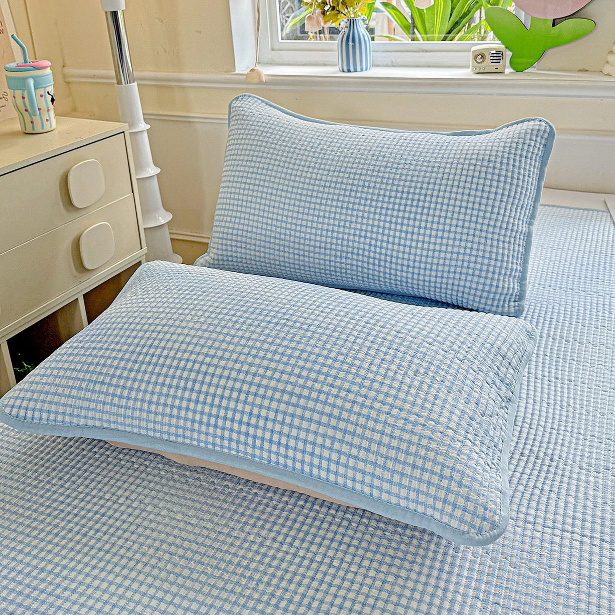 91家纺网 家纺一手货源 找家纺 恒尚居 2025新款双层纱床盖床盖单品单床盖云感夹棉床单床垫软床垫-四季款【系列二】 【天蓝格】双层纱