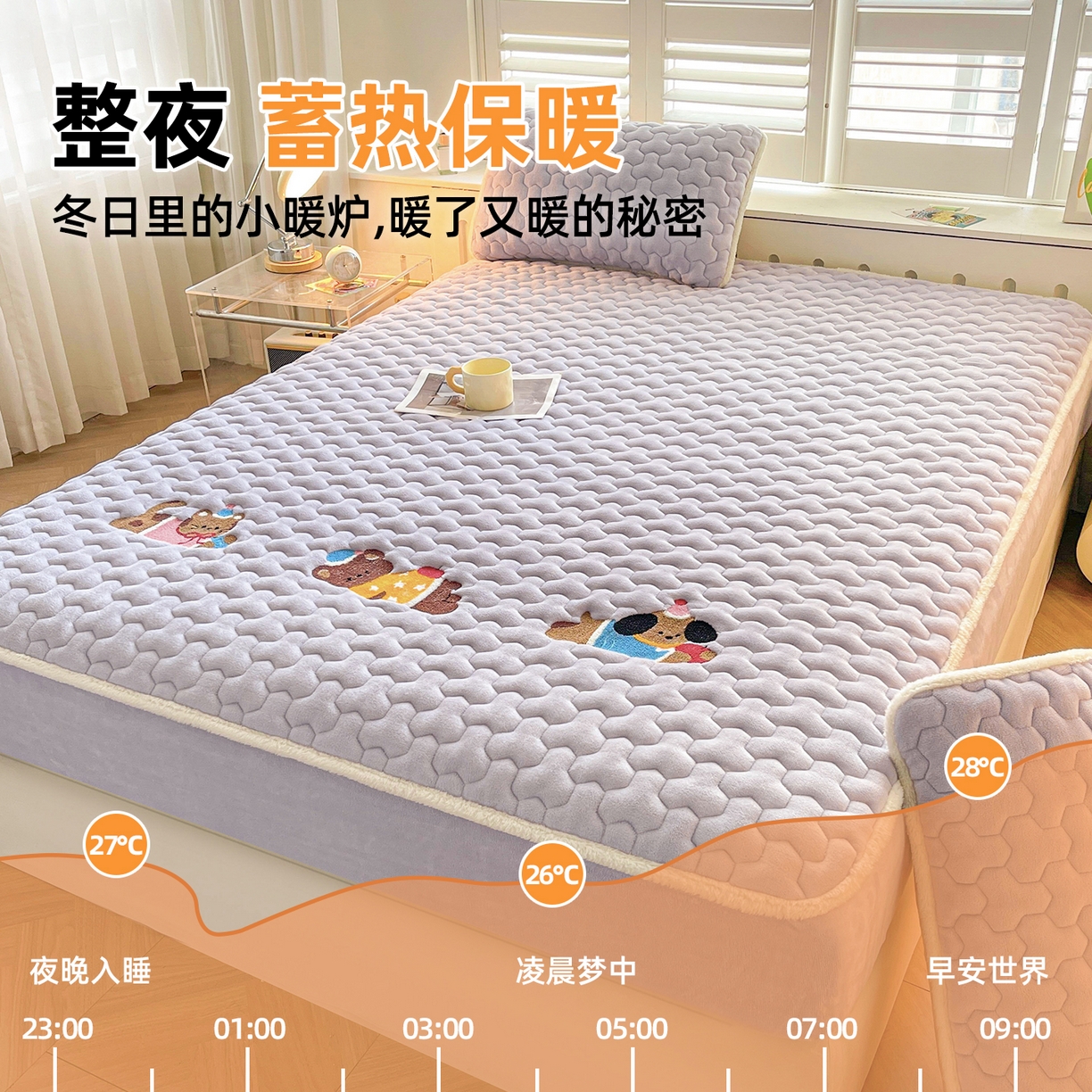 91家纺网 家纺一手货源 找家纺 雯豆家纺 2025新款刺绣牛奶绒夹棉床笠绣花款卡通床笠三件套 萌宠-雪青