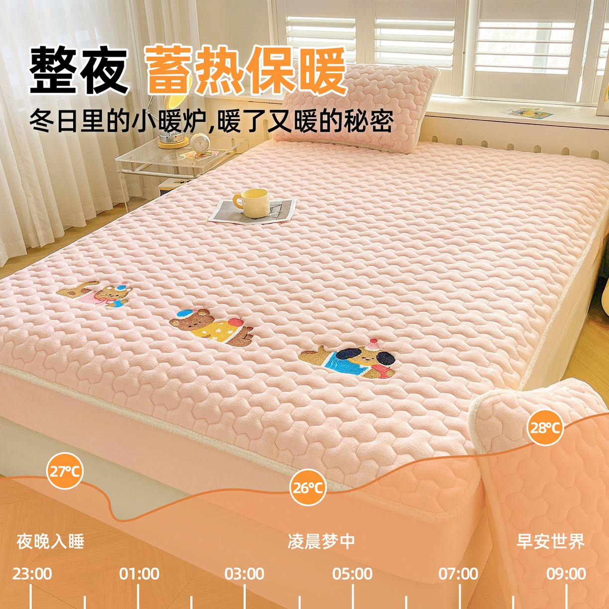 91家纺网 家纺一手货源 找家纺 雯豆家纺 2025新款刺绣牛奶绒夹棉床笠绣花款卡通床笠三件套 萌宠-玉颜粉