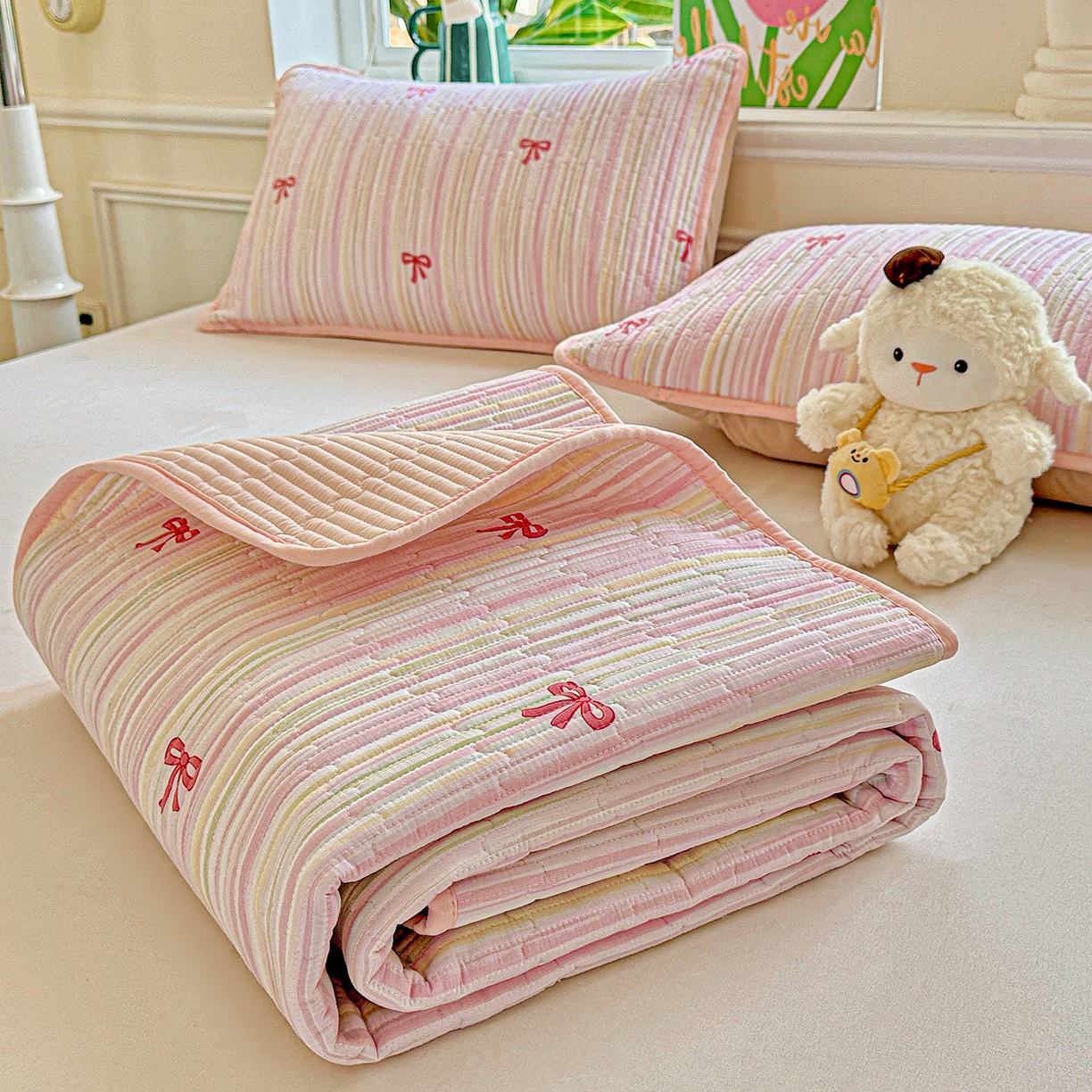 91家纺网 家纺一手货源 找家纺 恒尚居 2025新款双层纱床盖床盖单品单床盖云感夹棉床单床垫软床垫-四季款【系列二】 【完美日记】双层纱