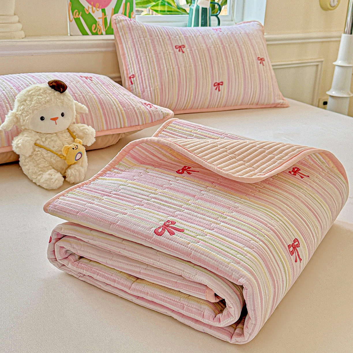 91家纺网 家纺一手货源 找家纺 恒尚居 2025新款双层纱床盖床盖单品单床盖云感夹棉床单床垫软床垫-四季款【系列二】 【完美日记】双层纱