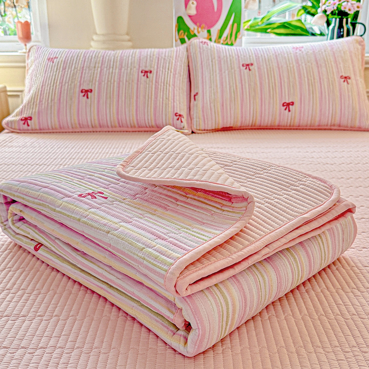 91家纺网 家纺一手货源 找家纺 恒尚居 2025新款双层纱床盖床盖单品单床盖云感夹棉床单床垫软床垫-四季款【系列二】 【完美日记】双层纱