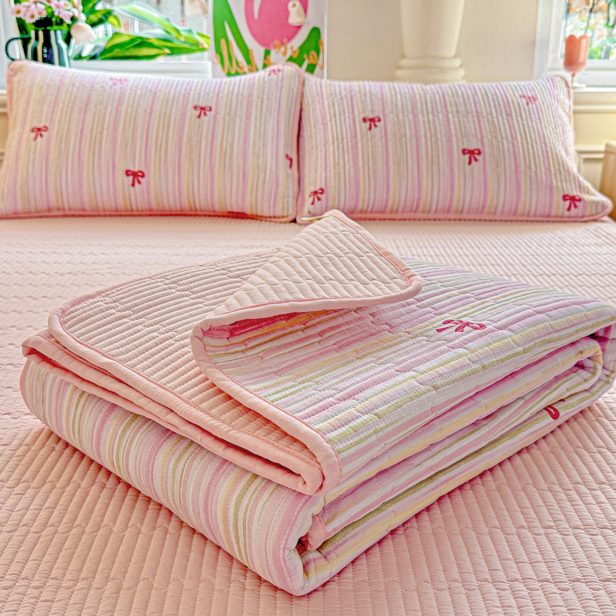 91家纺网 家纺一手货源 找家纺 恒尚居 2025新款双层纱床盖床盖单品单床盖云感夹棉床单床垫软床垫-四季款【系列二】 【完美日记】双层纱