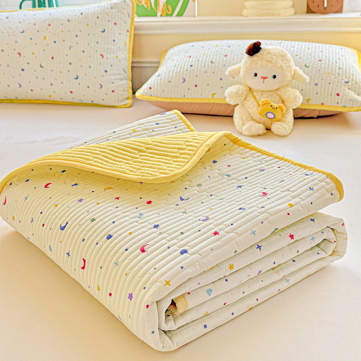 91家纺网 家纺一手货源 找家纺 恒尚居 2025新款双层纱床盖床盖单品单床盖云感夹棉床单床垫软床垫-四季款【系列二】 【星月】双层纱