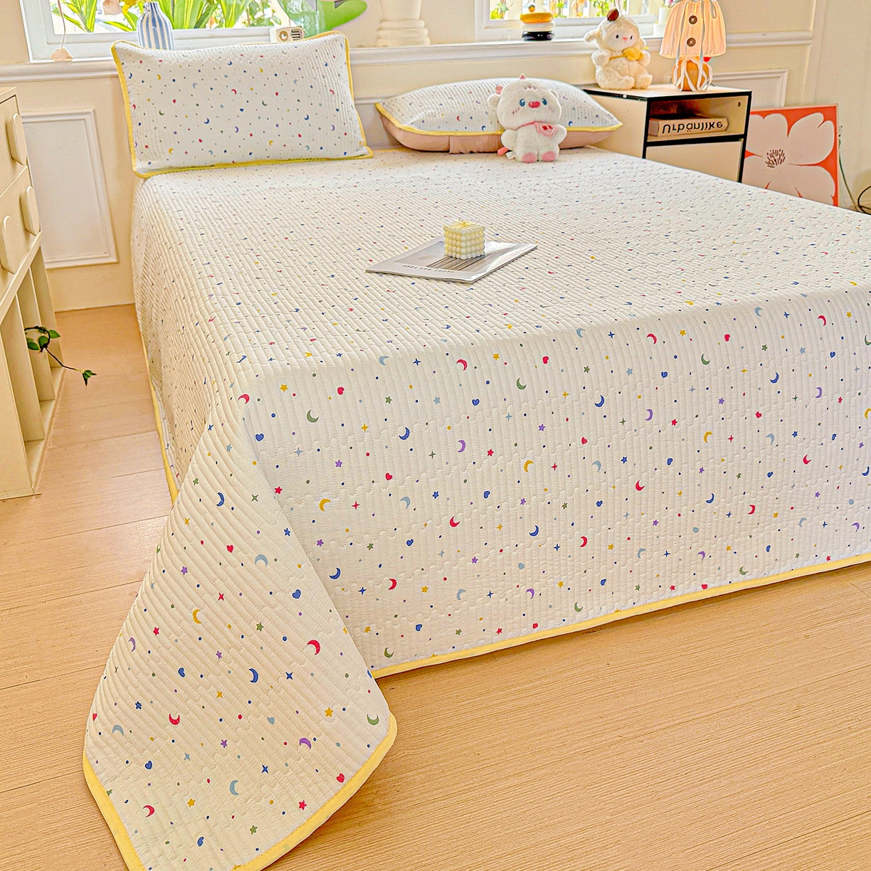 91家纺网 家纺一手货源 找家纺 恒尚居 2025新款双层纱床盖床盖单品单床盖云感夹棉床单床垫软床垫-四季款【系列二】 【星月】双层纱