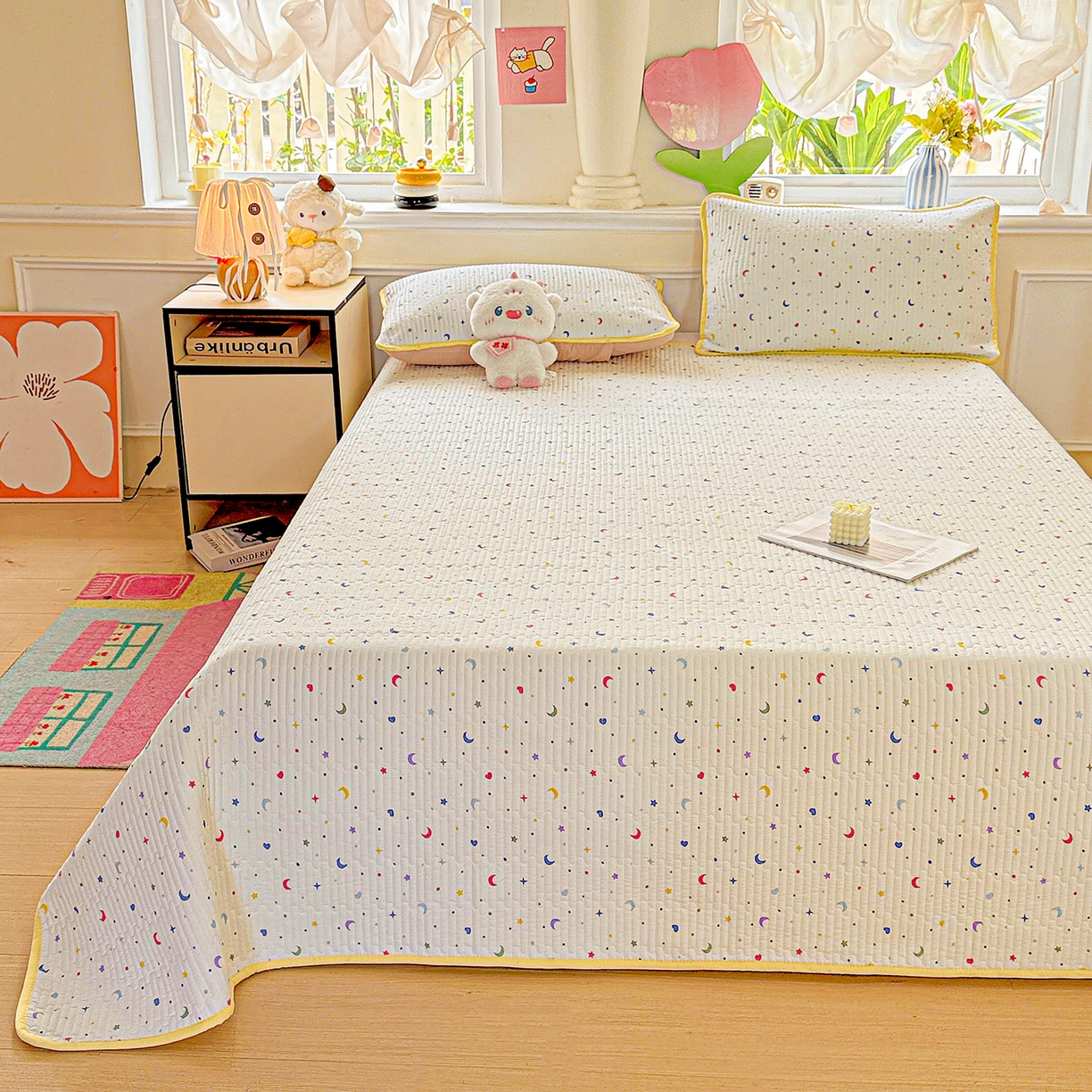 91家纺网 家纺一手货源 找家纺 恒尚居 2025新款双层纱床盖床盖单品单床盖云感夹棉床单床垫软床垫-四季款【系列二】 【星月】双层纱