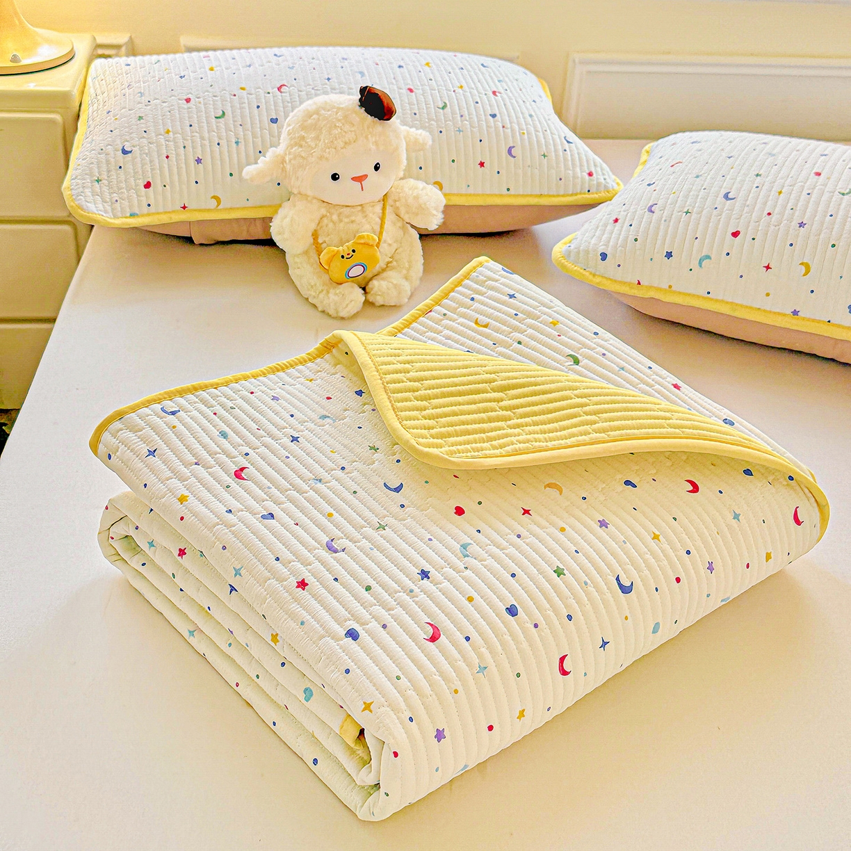 91家纺网 家纺一手货源 找家纺 恒尚居 2025新款双层纱床盖床盖单品单床盖云感夹棉床单床垫软床垫-四季款【系列二】 【星月】双层纱