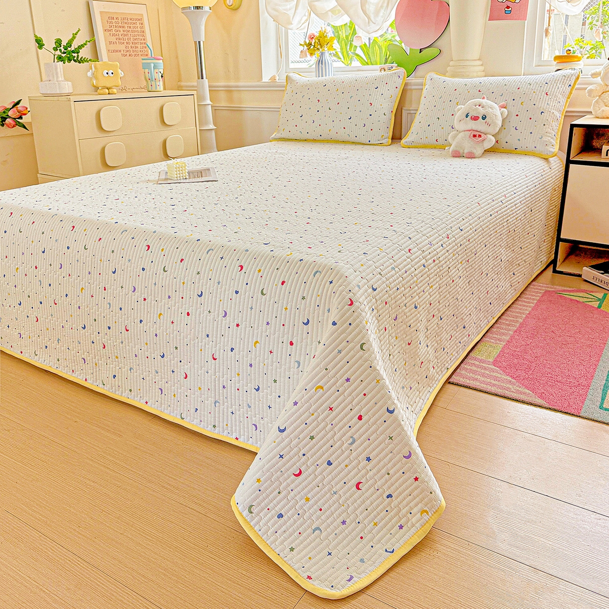 91家纺网 家纺一手货源 找家纺 恒尚居 2025新款双层纱床盖床盖单品单床盖云感夹棉床单床垫软床垫-四季款【系列二】 【星月】双层纱