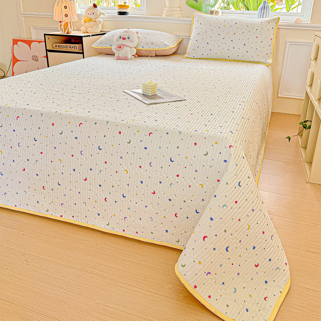 91家纺网 家纺一手货源 找家纺 恒尚居 2025新款双层纱床盖床盖单品单床盖云感夹棉床单床垫软床垫-四季款【系列二】 【星月】双层纱