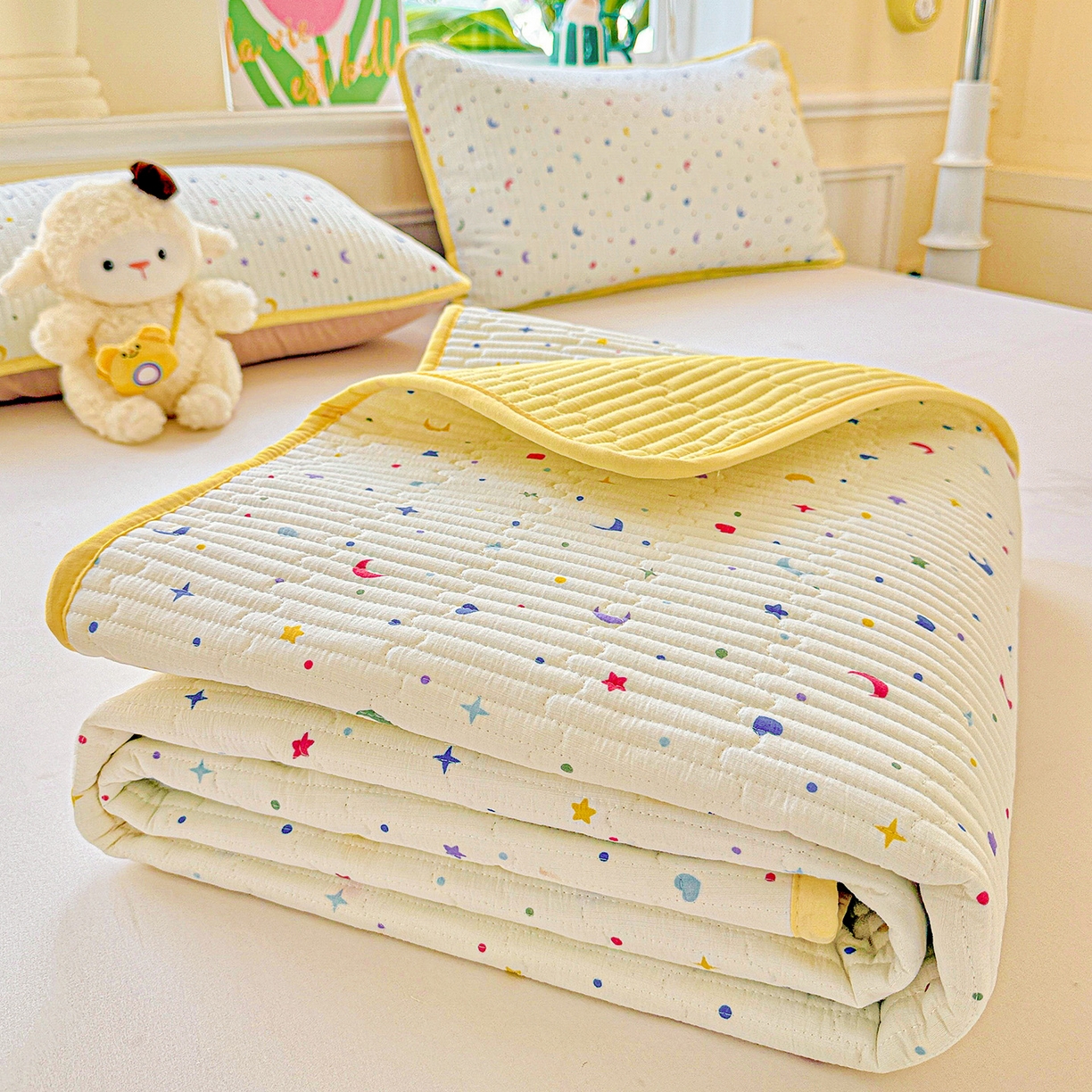 91家纺网 家纺一手货源 找家纺 恒尚居 2025新款双层纱床盖床盖单品单床盖云感夹棉床单床垫软床垫-四季款【系列二】 【星月】双层纱