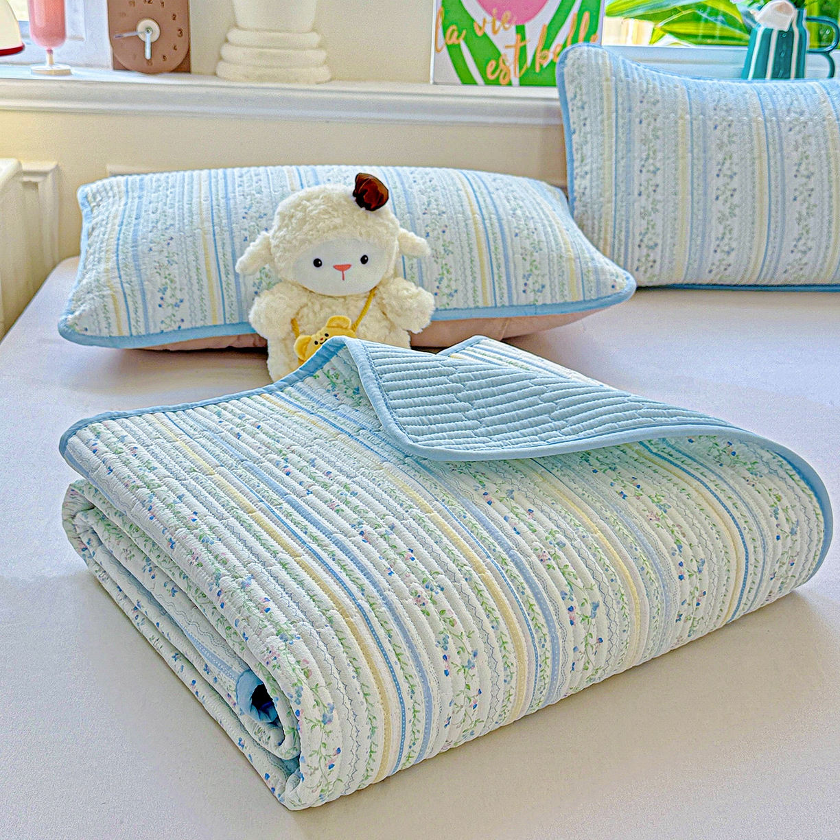 91家纺网 家纺一手货源 找家纺 恒尚居 2025新款双层纱床盖床盖单品单床盖云感夹棉床单床垫软床垫-四季款【系列二】 【阳光庄园】双层纱