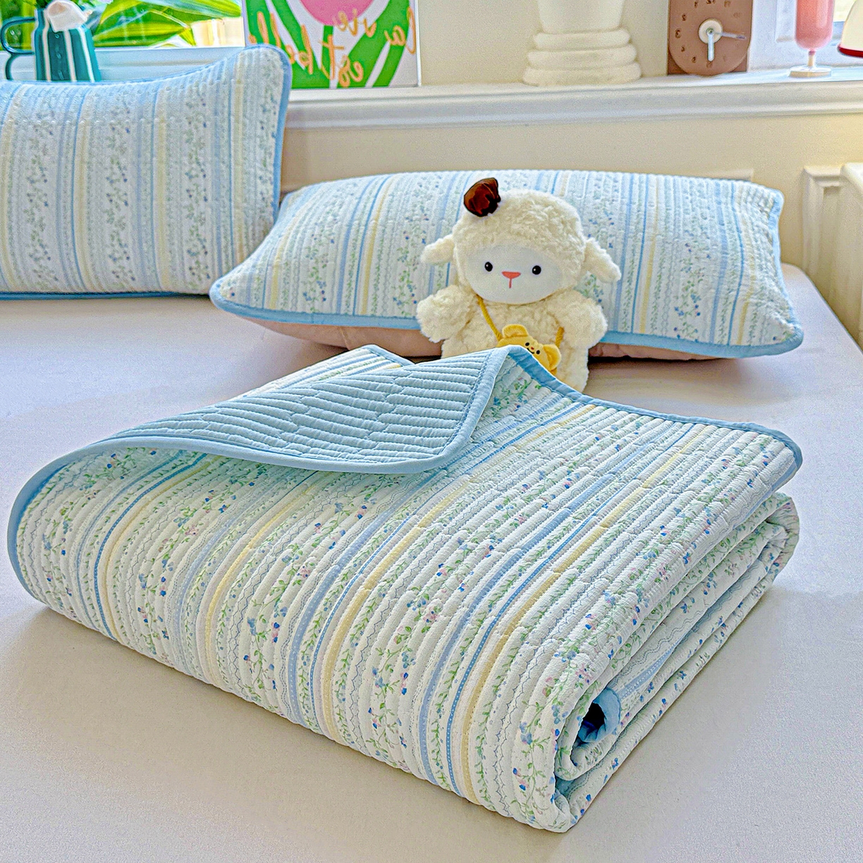 91家纺网 家纺一手货源 找家纺 恒尚居 2025新款双层纱床盖床盖单品单床盖云感夹棉床单床垫软床垫-四季款【系列二】 【阳光庄园】双层纱