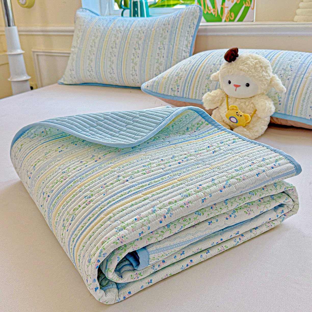 91家纺网 家纺一手货源 找家纺 恒尚居 2025新款双层纱床盖床盖单品单床盖云感夹棉床单床垫软床垫-四季款【系列二】 【阳光庄园】双层纱