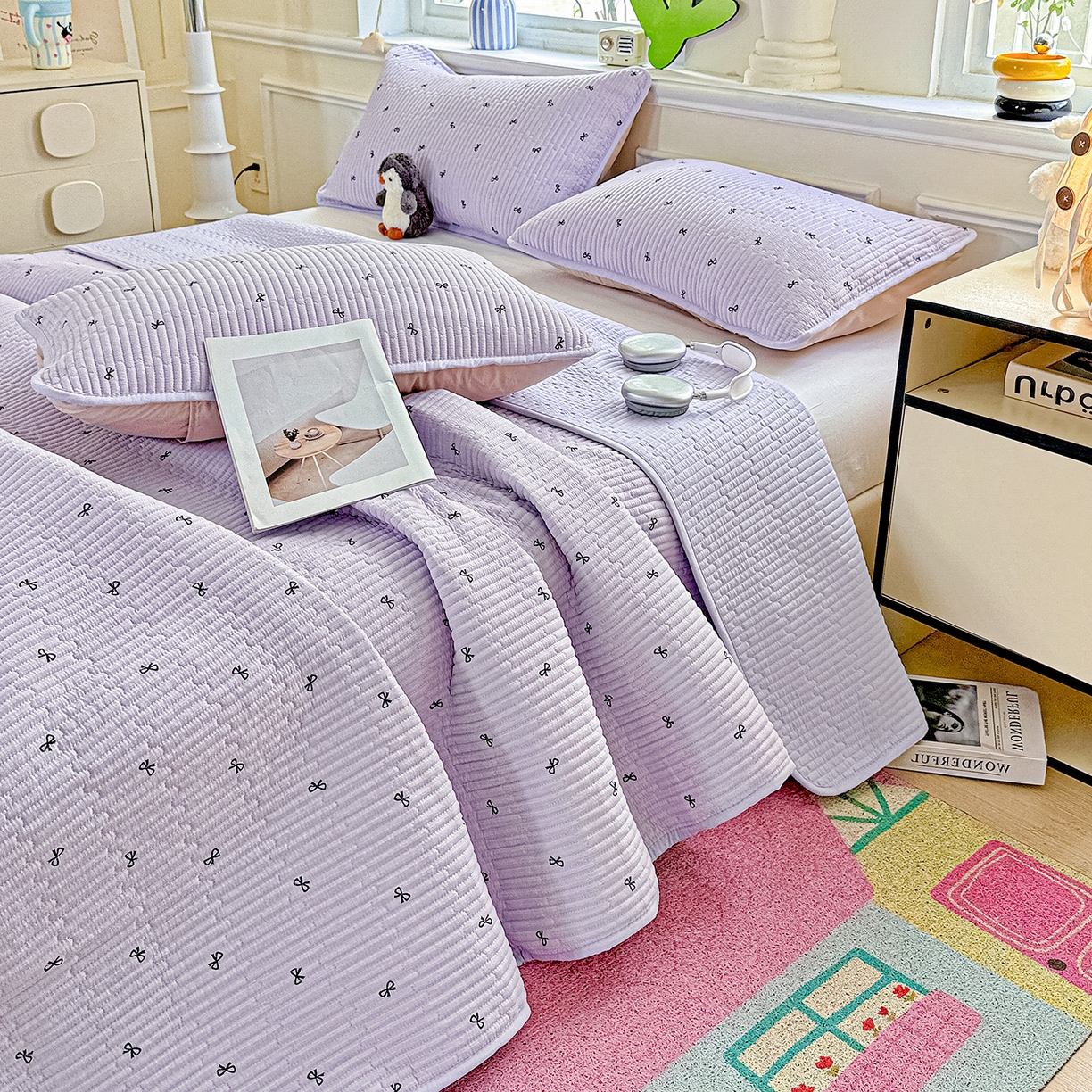 恒尚居 2025新款双层纱床盖床盖单品单床盖云感夹棉床单床垫软床垫-四季款【系列二】 【紫萱】双层纱