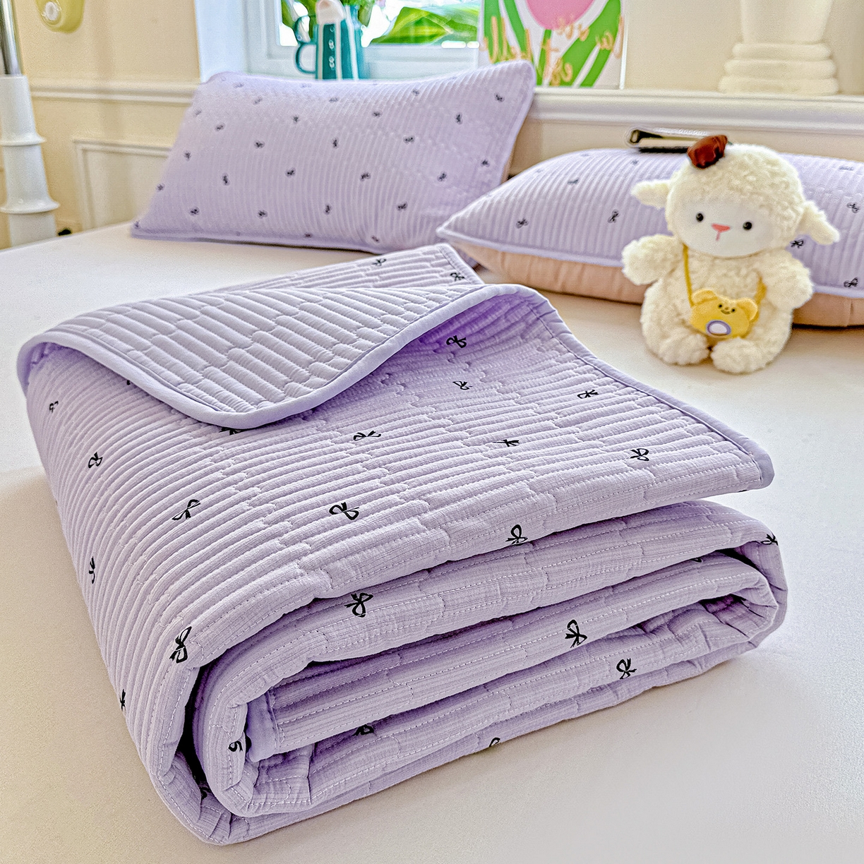 91家纺网 家纺一手货源 找家纺 恒尚居 2025新款双层纱床盖床盖单品单床盖云感夹棉床单床垫软床垫-四季款【系列二】 【紫萱】双层纱