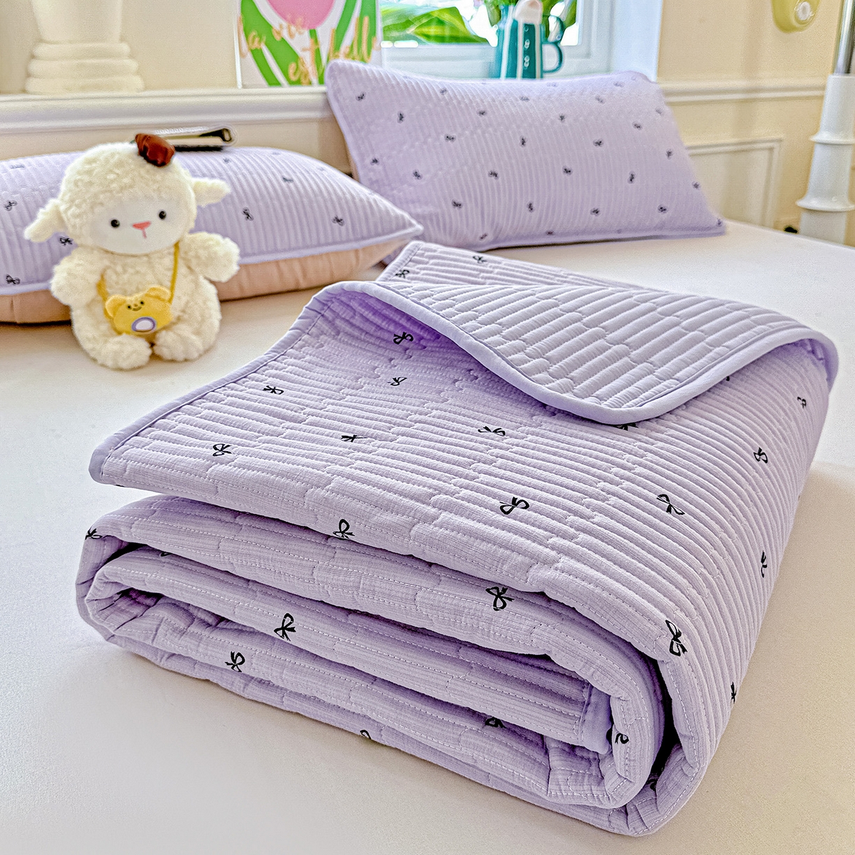 91家纺网 家纺一手货源 找家纺 恒尚居 2025新款双层纱床盖床盖单品单床盖云感夹棉床单床垫软床垫-四季款【系列二】 【紫萱】双层纱