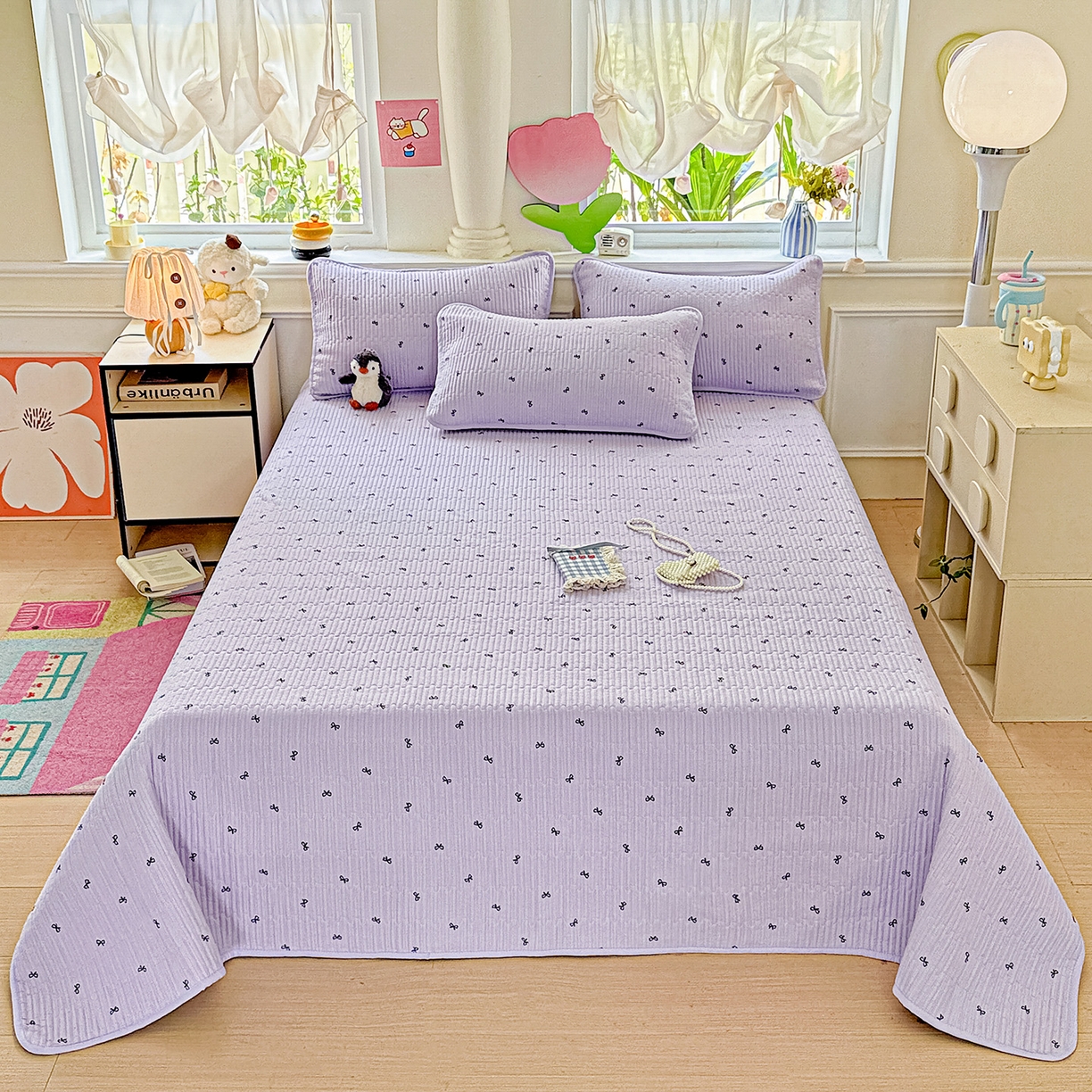 91家纺网 家纺一手货源 找家纺 恒尚居 2025新款双层纱床盖床盖单品单床盖云感夹棉床单床垫软床垫-四季款【系列二】 【紫萱】双层纱