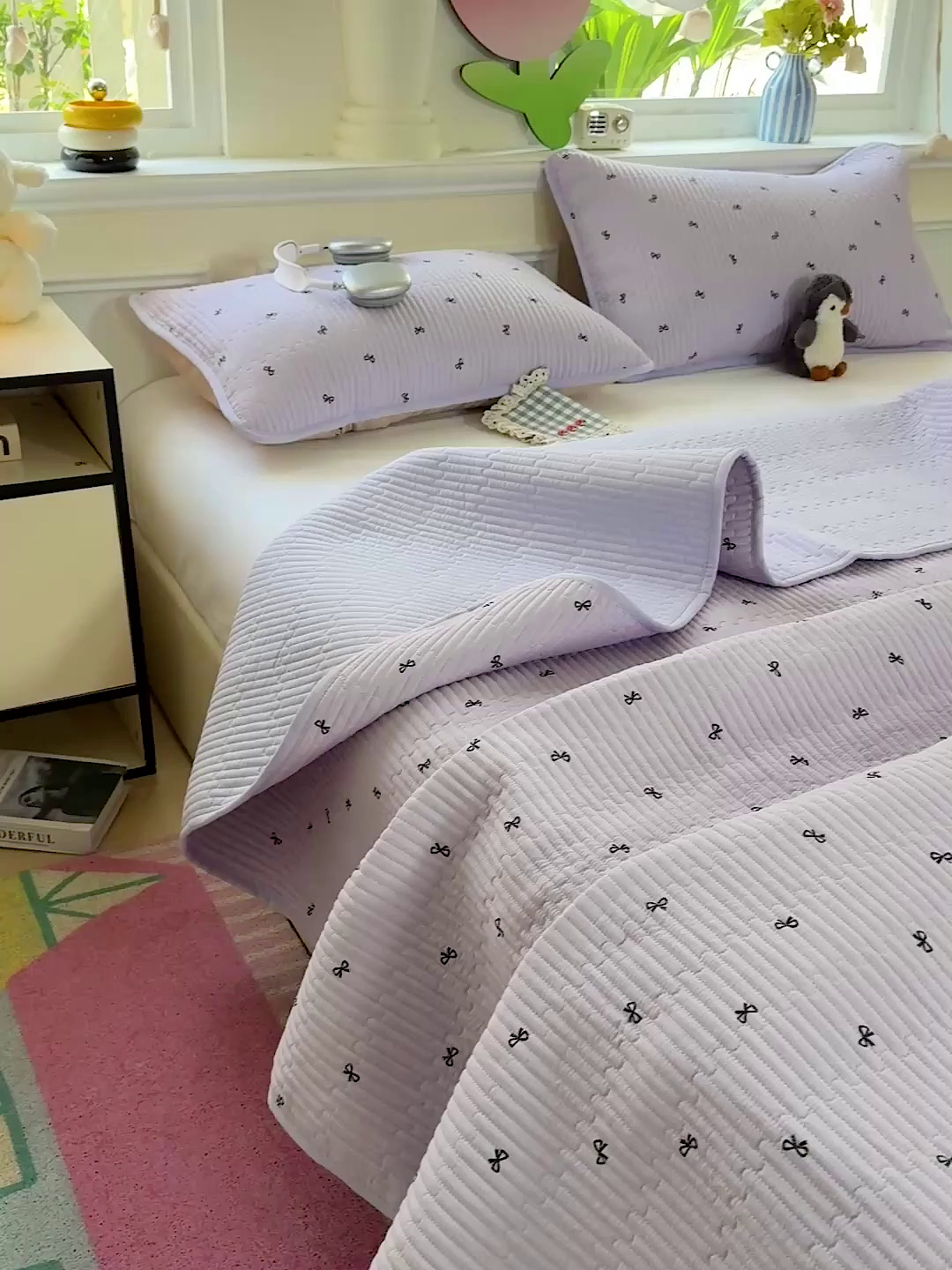 91家纺网 家纺一手货源 找家纺 恒尚居 2025新款双层纱床盖床盖单品单床盖云感夹棉床单床垫软床垫-四季款【系列二】 【紫萱】双层纱