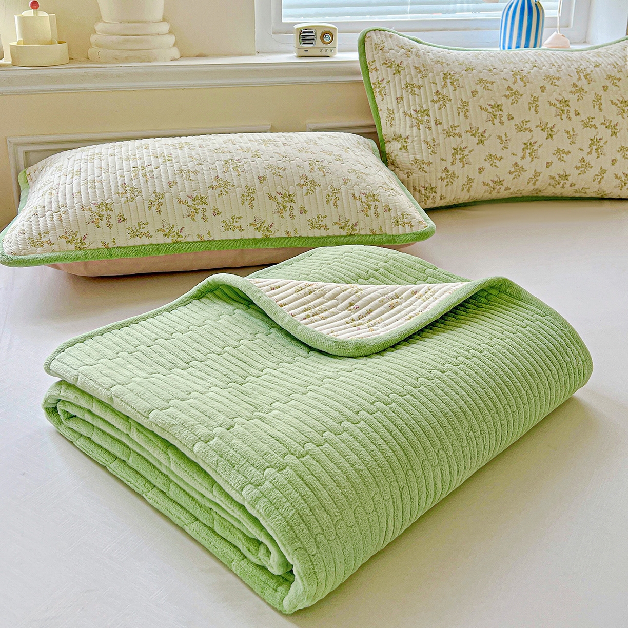 91家纺网 家纺一手货源 找家纺 恒尚居 2025新款学生床盖纯棉牛奶绒正反两用夹棉床单床垫-秋冬款-四季通用【系列一】 香草园【A纯棉-B宝宝绒】