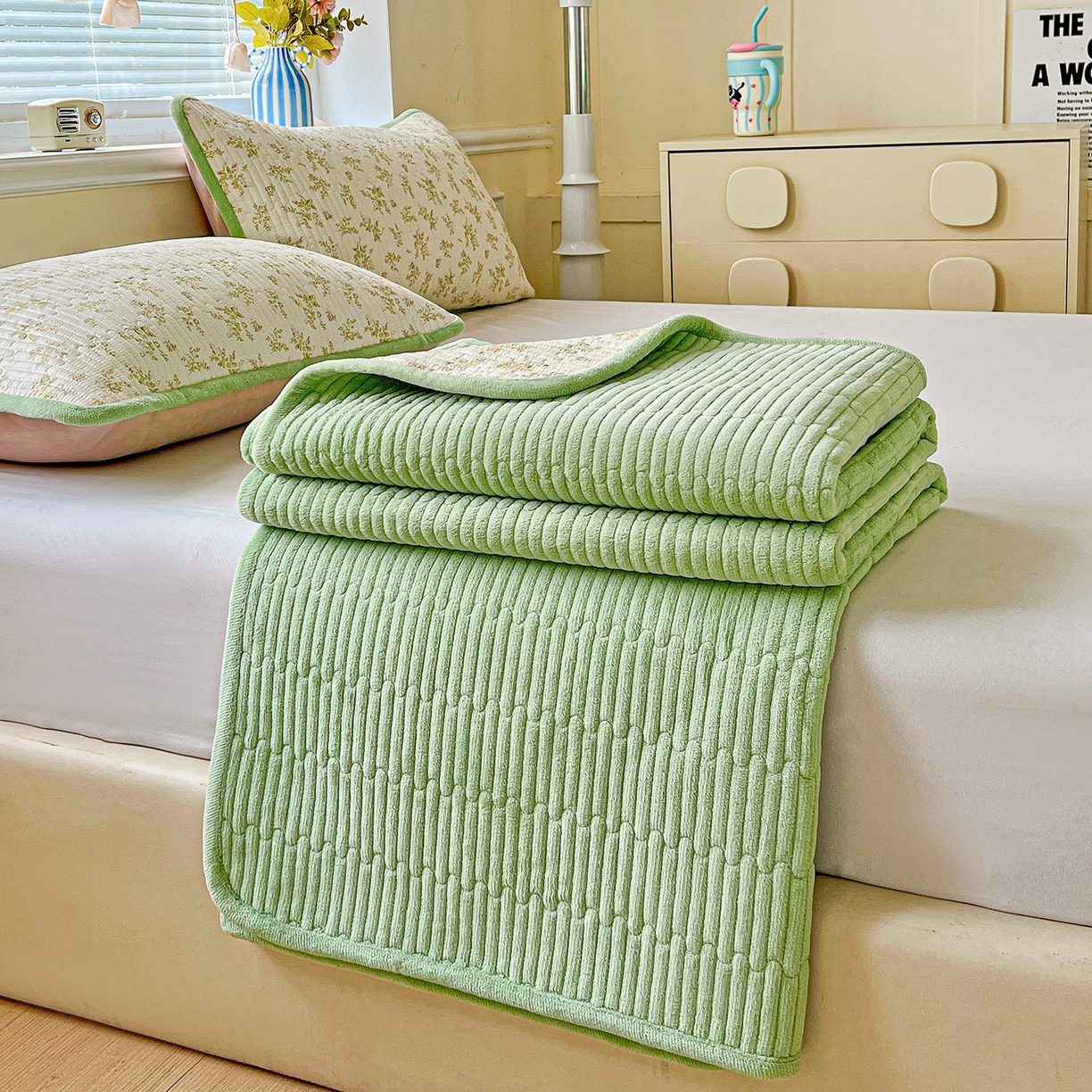 91家纺网 家纺一手货源 找家纺 恒尚居 2025新款学生床盖纯棉牛奶绒正反两用夹棉床单床垫-秋冬款-四季通用【系列一】 香草园【A纯棉-B宝宝绒】