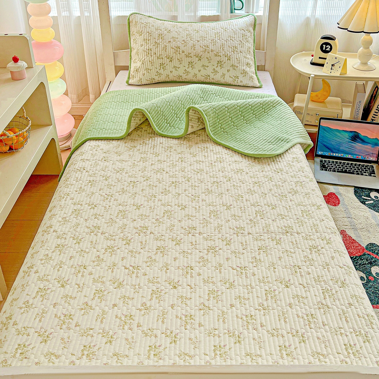 91家纺网 家纺一手货源 找家纺 恒尚居 2025新款学生床盖纯棉牛奶绒正反两用夹棉床单床垫-秋冬款-四季通用【系列一】 香草园【A纯棉-B宝宝绒】