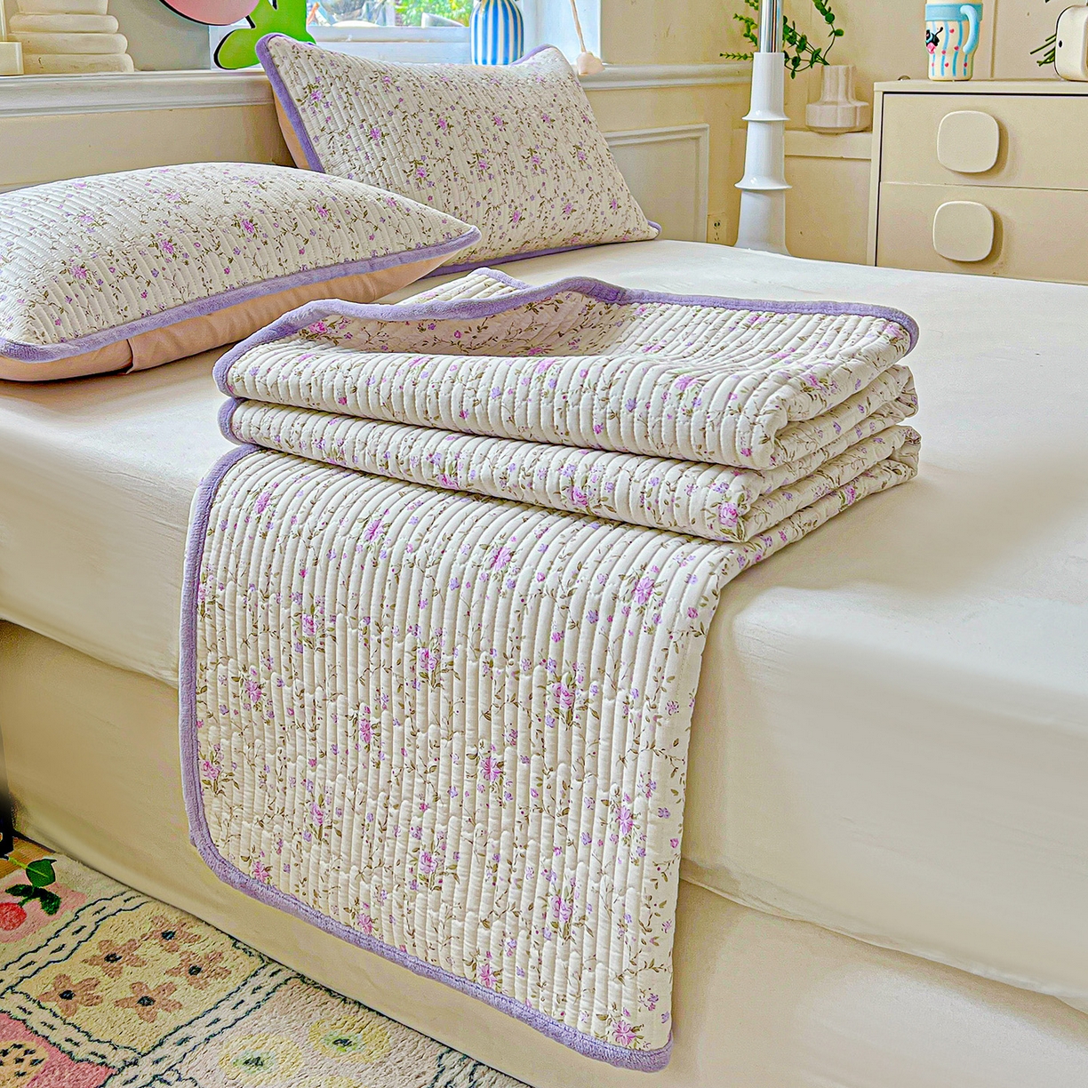 91家纺网 家纺一手货源 找家纺 恒尚居 2025新款学生床盖纯棉牛奶绒正反两用夹棉床单床垫-秋冬款-四季通用【系列一】 熏衣紫【A纯棉-B宝宝绒】