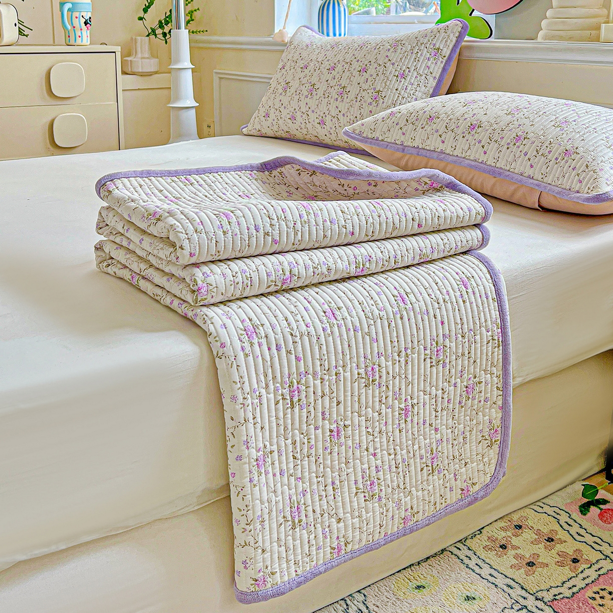 91家纺网 家纺一手货源 找家纺 恒尚居 2025新款学生床盖纯棉牛奶绒正反两用夹棉床单床垫-秋冬款-四季通用【系列一】 熏衣紫【A纯棉-B宝宝绒】