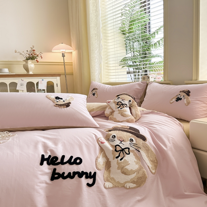 91家纺网 家纺一手货源 找家纺 寐居家纺 2025新款全棉纯棉13372毛巾绣四件套 大耳兔