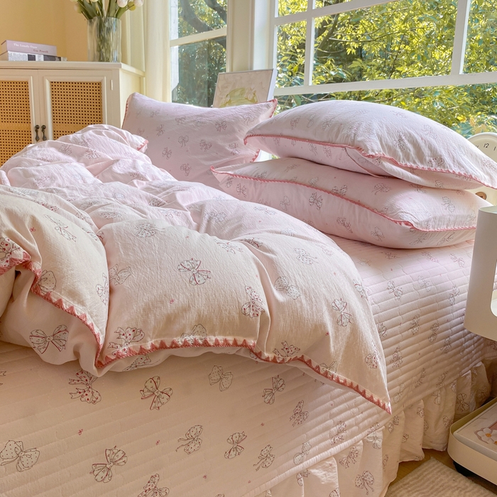 91家纺网 家纺一手货源 找家纺 梦可莱家居 2025新款木棉床盖四件套 蝴蝶结