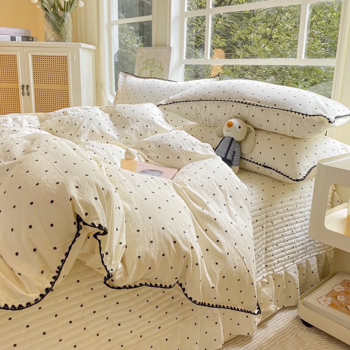 91家纺网 家纺一手货源 找家纺 梦可莱家居 2025新款木棉床盖四件套 米波点