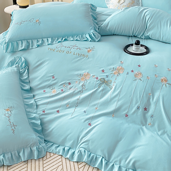 91家纺网 家纺一手货源 找家纺 （总）帝菲妮 2025新款法式韩版高克重超柔水洗棉针织棉糯小棉刺绣四件套-玫瑰花语