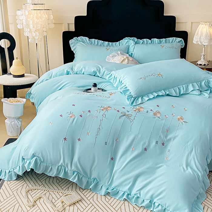 91家纺网 家纺一手货源 找家纺 （总）帝菲妮 2025新款法式韩版高克重超柔水洗棉针织棉糯小棉刺绣四件套-玫瑰花语