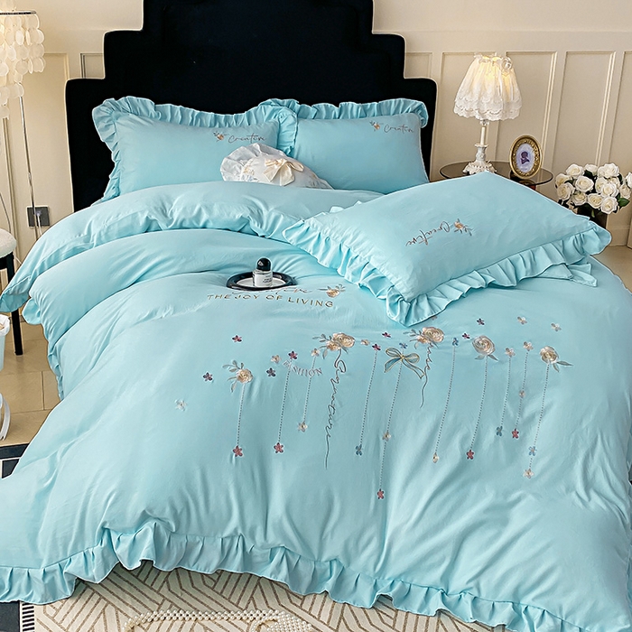 91家纺网 家纺一手货源 找家纺 （总）帝菲妮 2025新款法式韩版高克重超柔水洗棉针织棉糯小棉刺绣四件套-玫瑰花语