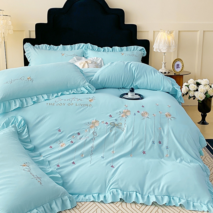 91家纺网 家纺一手货源 找家纺 （总）帝菲妮 2025新款法式韩版高克重超柔水洗棉针织棉糯小棉刺绣四件套-玫瑰花语