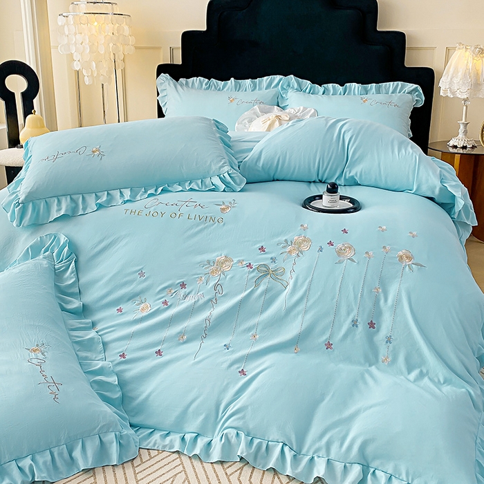 91家纺网 家纺一手货源 找家纺 （总）帝菲妮 2025新款法式韩版高克重超柔水洗棉针织棉糯小棉刺绣四件套-玫瑰花语