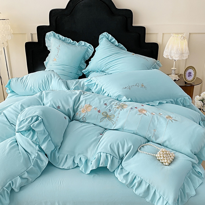 91家纺网 家纺一手货源 找家纺 （总）帝菲妮 2025新款法式韩版高克重超柔水洗棉针织棉糯小棉刺绣四件套-玫瑰花语