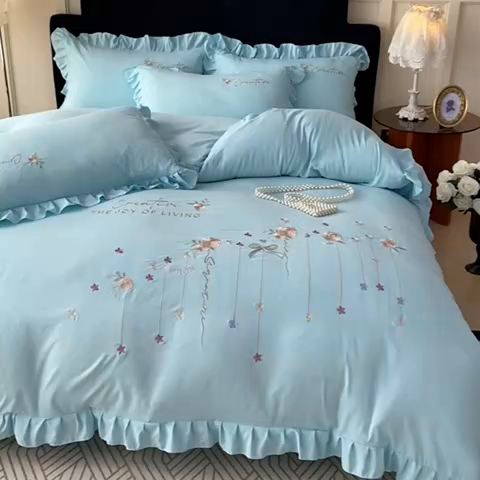 91家纺网 家纺一手货源 找家纺 （总）帝菲妮 2025新款法式韩版高克重超柔水洗棉针织棉糯小棉刺绣四件套-玫瑰花语