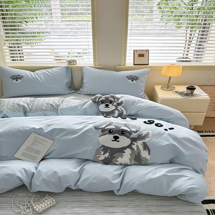 91家纺网 家纺一手货源 找家纺 寐居家纺 2025新款全棉纯棉13372毛巾绣四件套 俏皮狗