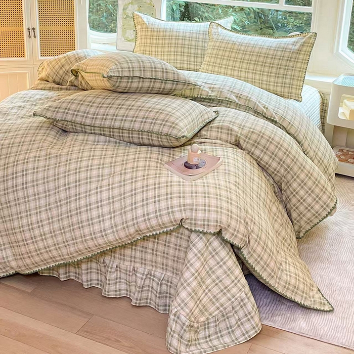 91家纺网 家纺一手货源 找家纺 梦可莱家居 2025新款木棉床盖四件套 格调绿