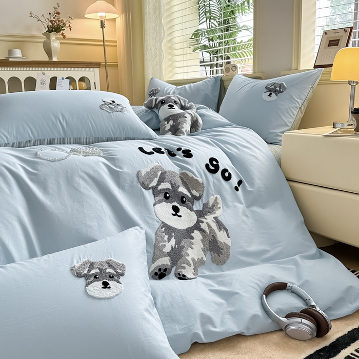 91家纺网 家纺一手货源 找家纺 寐居家纺 2025新款全棉纯棉13372毛巾绣四件套 俏皮狗