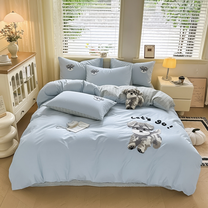 91家纺网 家纺一手货源 找家纺 寐居家纺 2025新款全棉纯棉13372毛巾绣四件套 俏皮狗