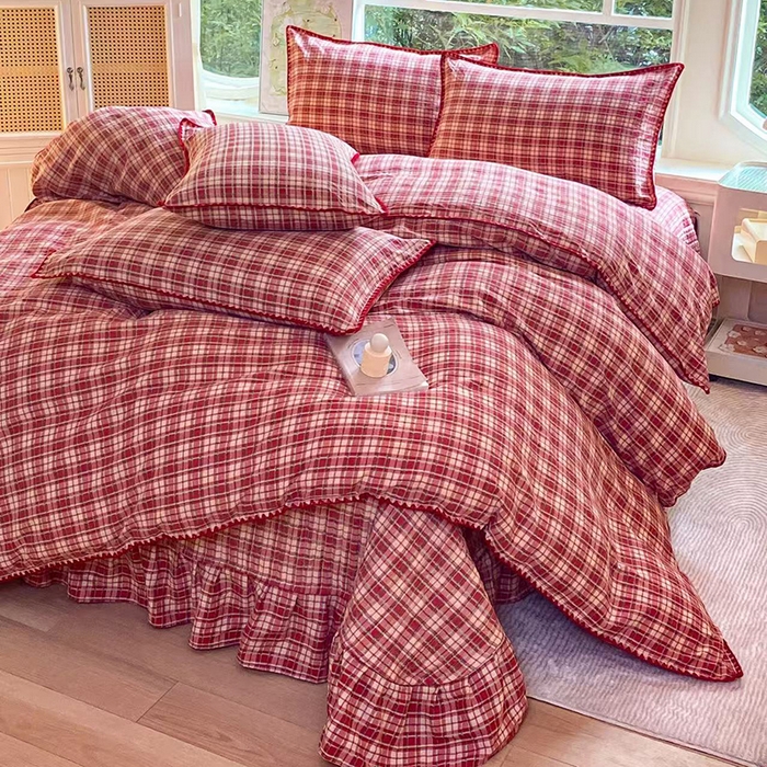 91家纺网 家纺一手货源 找家纺 梦可莱家居 2025新款木棉床盖四件套 红格