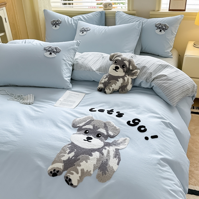 91家纺网 家纺一手货源 找家纺 寐居家纺 2025新款全棉纯棉13372毛巾绣四件套 俏皮狗